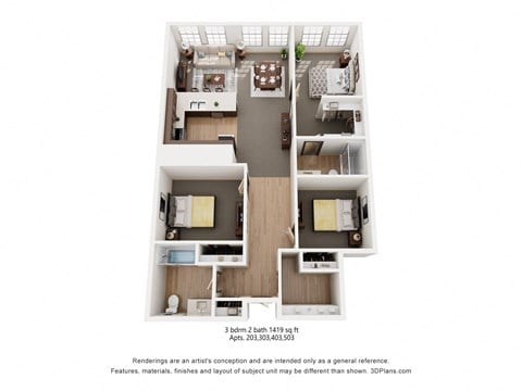 Floor plan for 3 beds, 2 baths, 1419 sqft